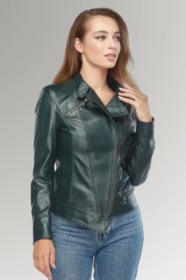 Bella Women's Green Biker Leather Slim Fit Jacket