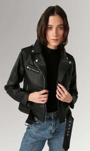 Billie Joyce Women's Black Lapel Collar Motorcycle Jacket Leather