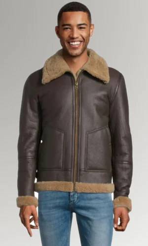 Boselli Brown B3 Bomber Casual Leather Shearling Jacket with Real Fur
