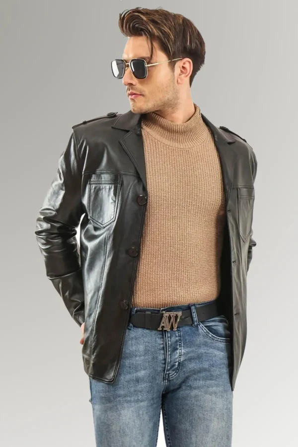 Brooks Men's Black Formal Blazer Style Leather Coat