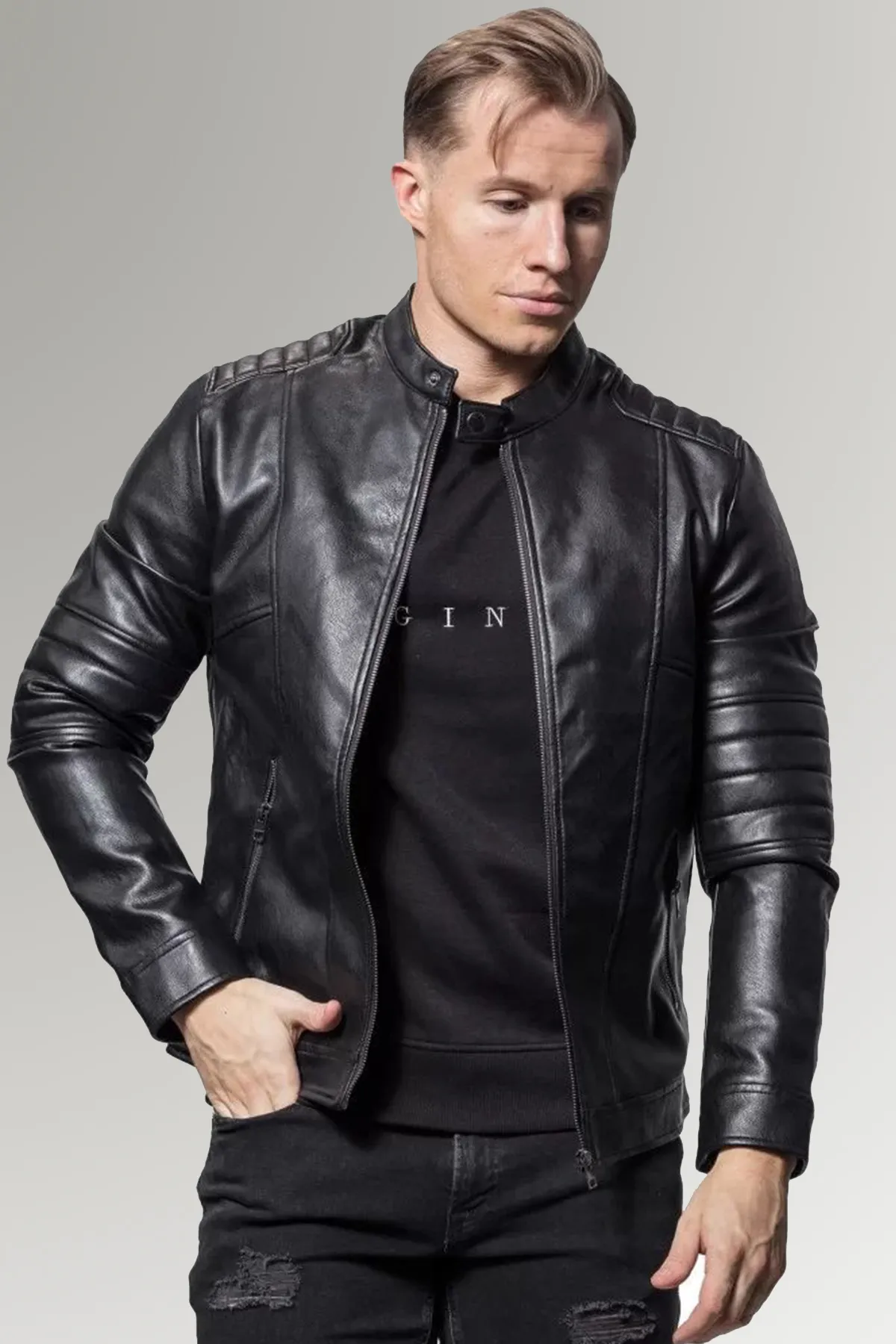 Quilted Cafe Racer motorcycle Leather Jacket | FREE SHIPPING