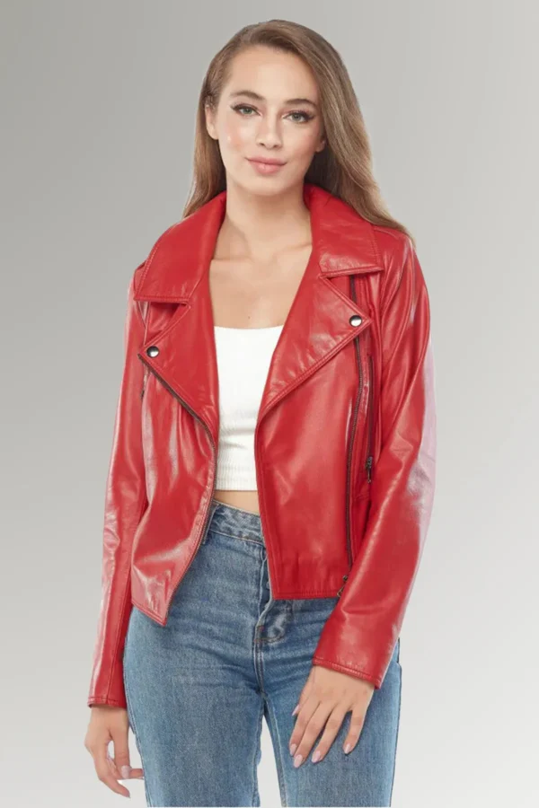 Carla Olsen Women's Red Moto Biker Leather Jacket