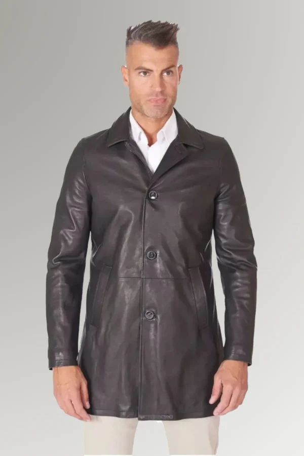 Carter Men's Black Buttoned Long Leather Classic Trench Coat