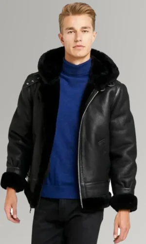 Cooper Black B3 Bomber Real Shearling Leather Jacket with Black Hood