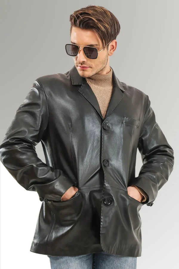 Ferguson Black Men’s Stylish Buttoned Leather Blazer Coat