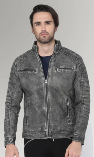 Gonzalez Men's Grey Zipper Waxed Leather Jacket