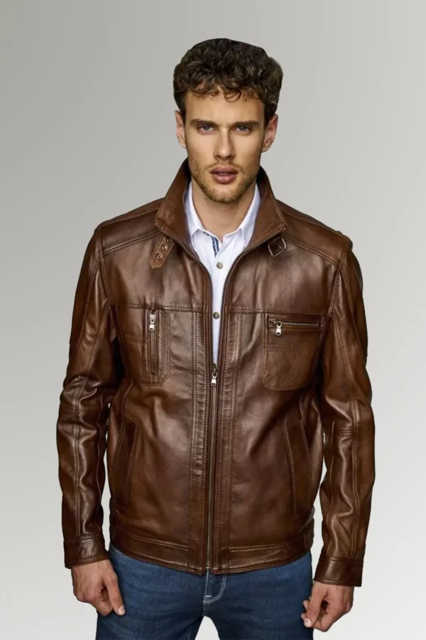 Grant Men's Brown Slim Fit Waxed Leather Jacket