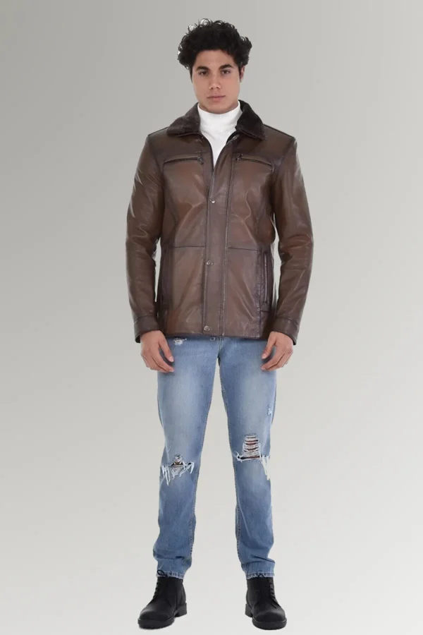 Huebl Men's Brown Waxed Hunter Leather Coat With Fur Collar
