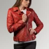 Josfina Women's Red Biker Lapel Collar  Leather Jacket