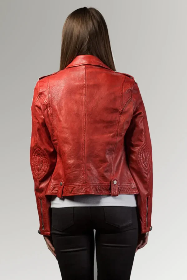 Josfina Women's Red Biker Lapel Collar  Leather Jacket