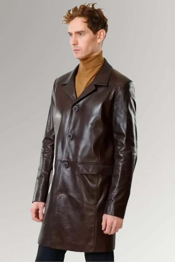 Kelley Genuine Leather Men Mid Length Brown Blazer Coat