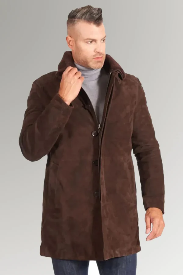 Kim Men's Brown Fur Collar Suede Leather Coat