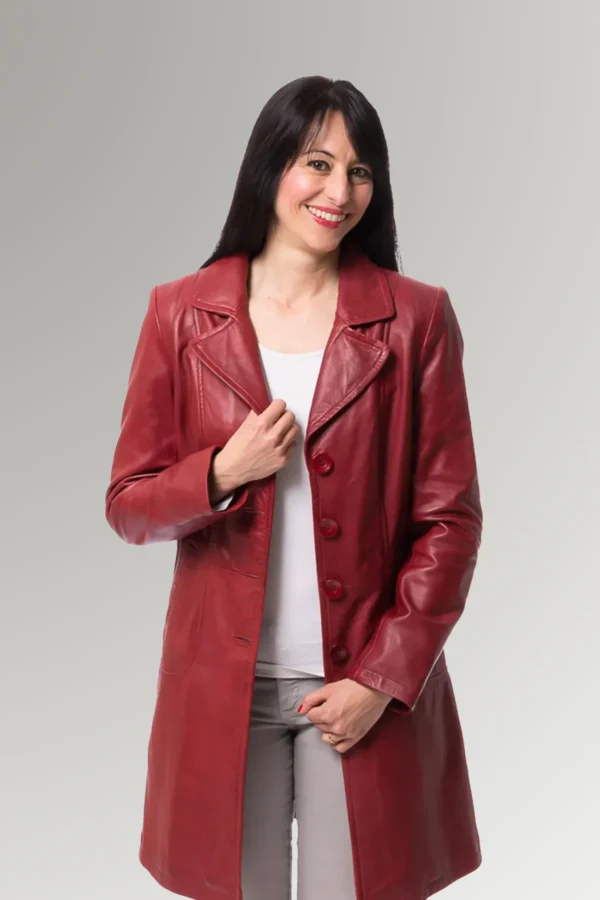 Lee yang Women's Burgundy Full Length Sheepskin Leather Trench Coat