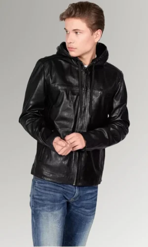 Lynch Men's Cafe Racer Black Hooded Leather Jacket