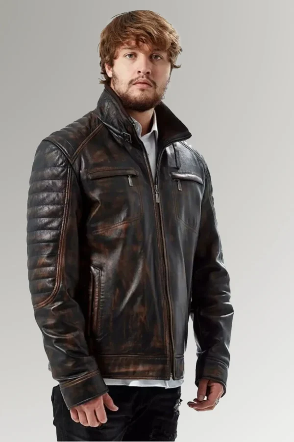 Mendoza Men's Dark Brown Waxed Quilted Vintage Leather Jacket