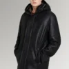 Moore Black New Style Hip Length Shearling Coat with Classical Hoodie