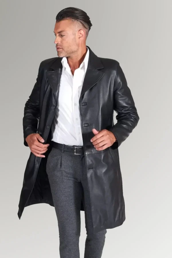Parker Steve Mid Length Leather Trench Coat for Men's