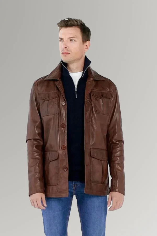 Payne Men's Brown Genuine lambskin Leather buttoned Blazer Coat