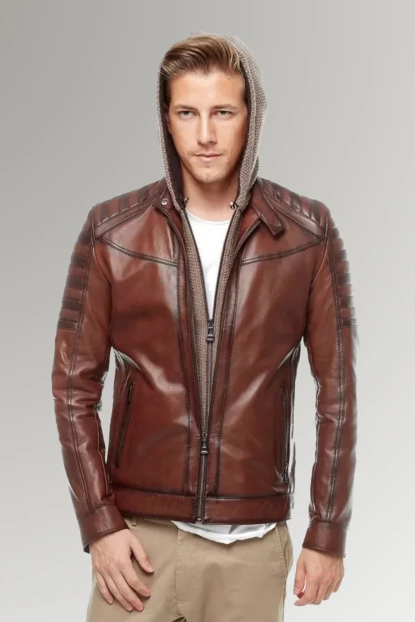 Perry Ben Zipper Hooded Versatile Waxed Leather Jacket
