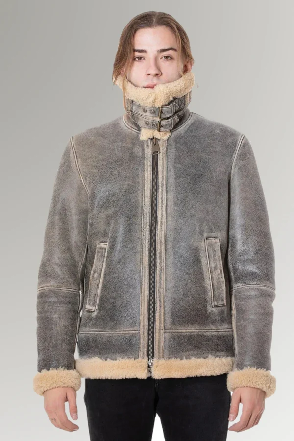 Pietro Men's Distressed Grey B3 Aviator Real Shearling Bomber Jacket
