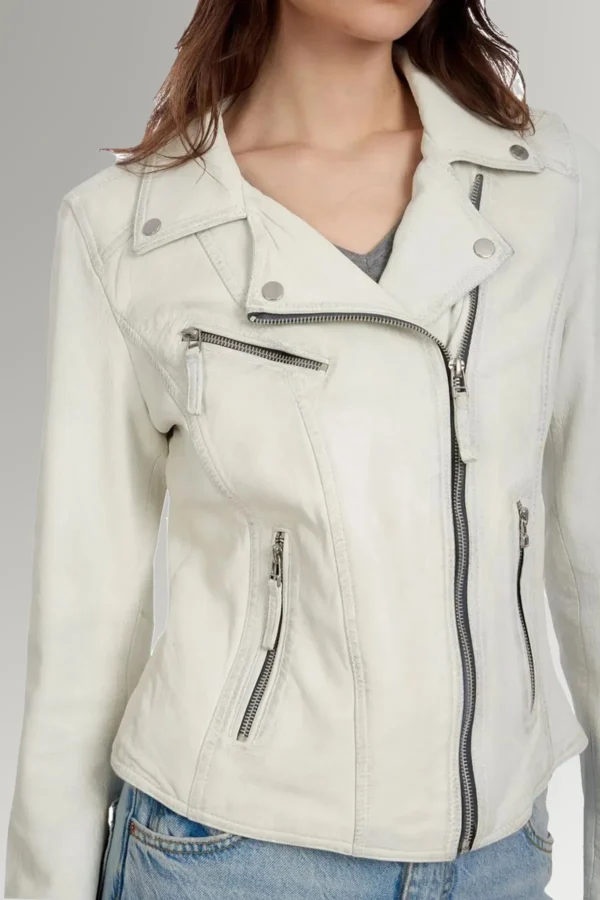 Reid Women's White Streamlined Biker Leather Jacket