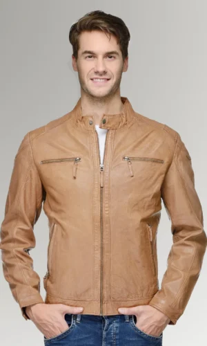 Rodriguez Men's Brown Waxed Leather Slim Fit Biker Jacket