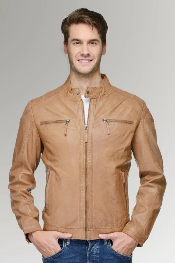 Rodriguez Men's Brown Waxed Leather Slim Fit Biker Jacket