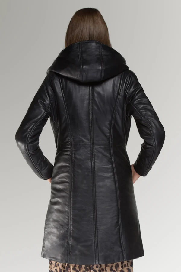 Sharon Women's Black Hood Leather Trench Coat