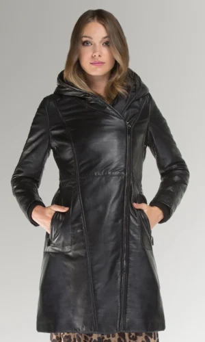 Sharon Women's Black Hood Leather Trench Coat
