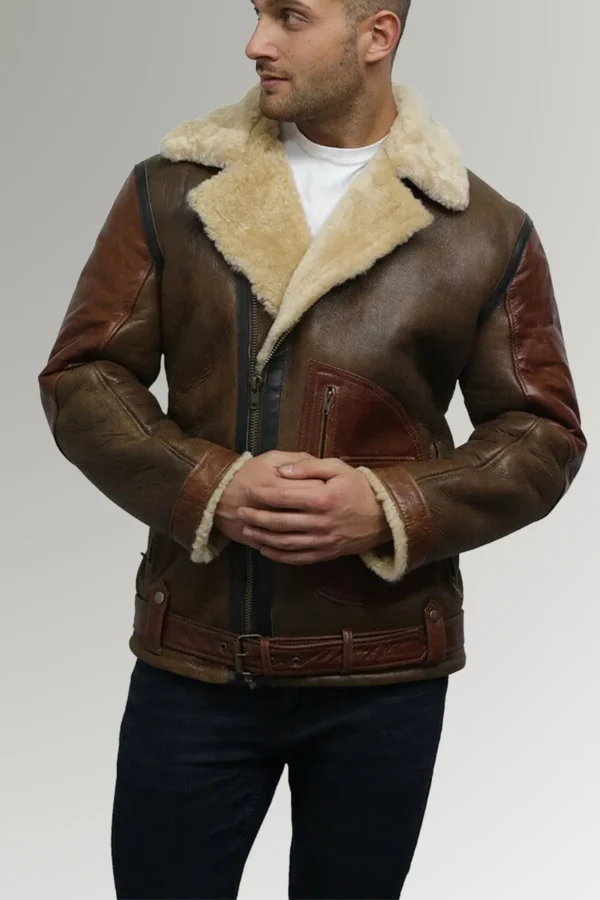 Spencer B3 Bomber Men’s Dark Brown Real Shearling Belted Leather Jacket