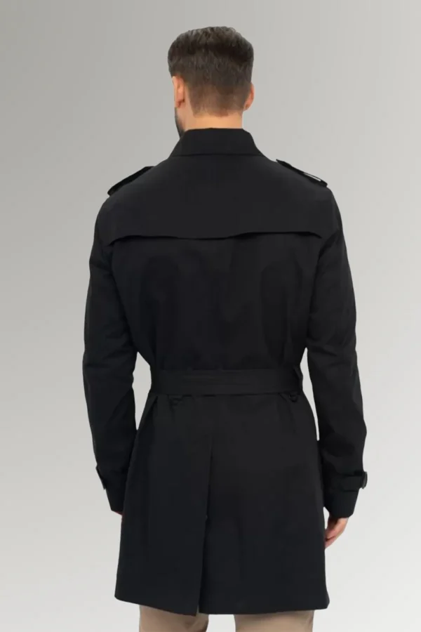 Wells Black Cotton Men's Mid Length Trench Coat With Waist Belt