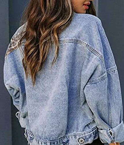 Ladies Leopard Print Blue Distressed Jeans Jacket
