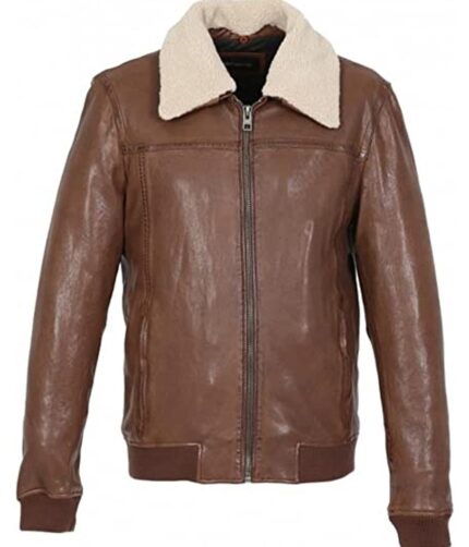 Mens Brown Aviator Lambskin Leather Jacket With Fur