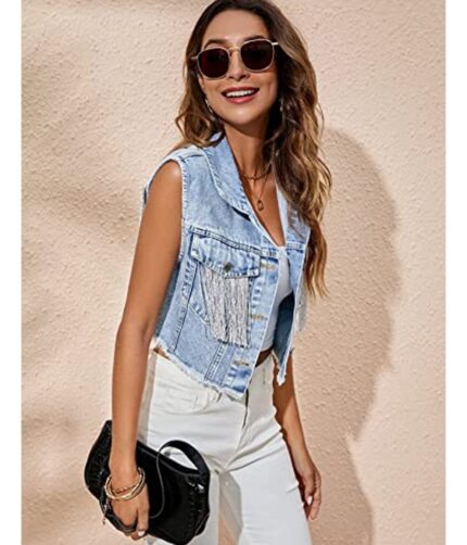 Womens Fringe Distressed Denim Blue Vest