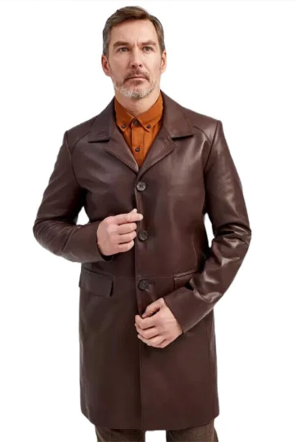 Travis Gilbert Brown Leather Trench Coat