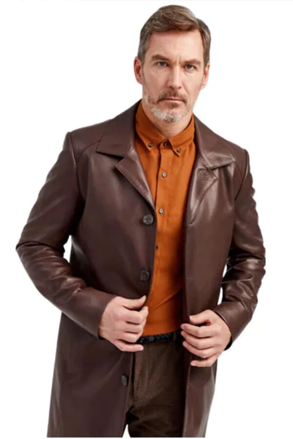 Travis Gilbert Brown Leather Trench Coat